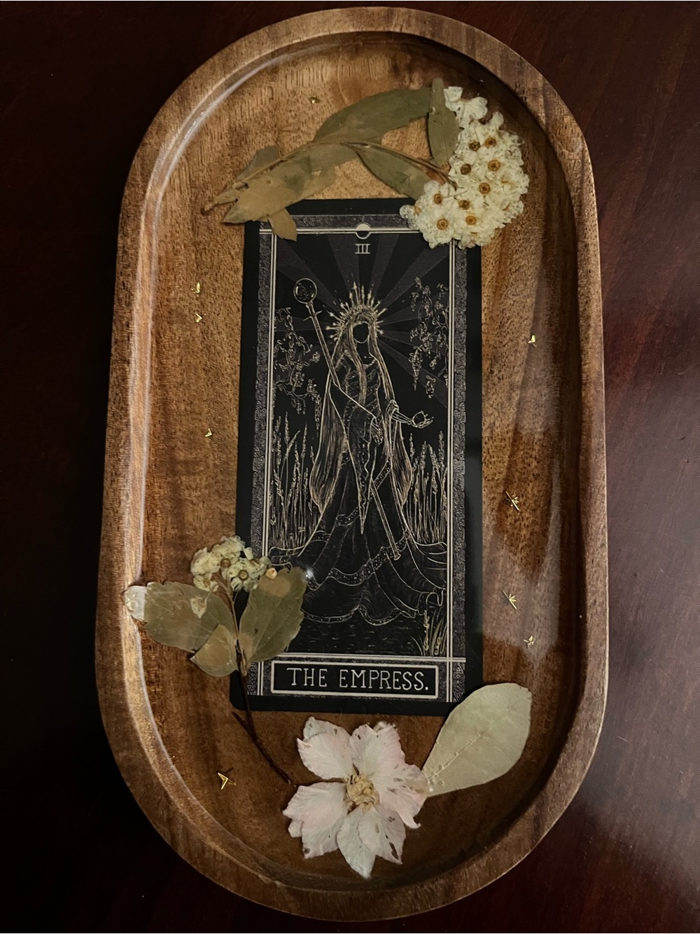 Wooden Wall Tray with Black 'The Empress' Art and Dried Floral Accents
